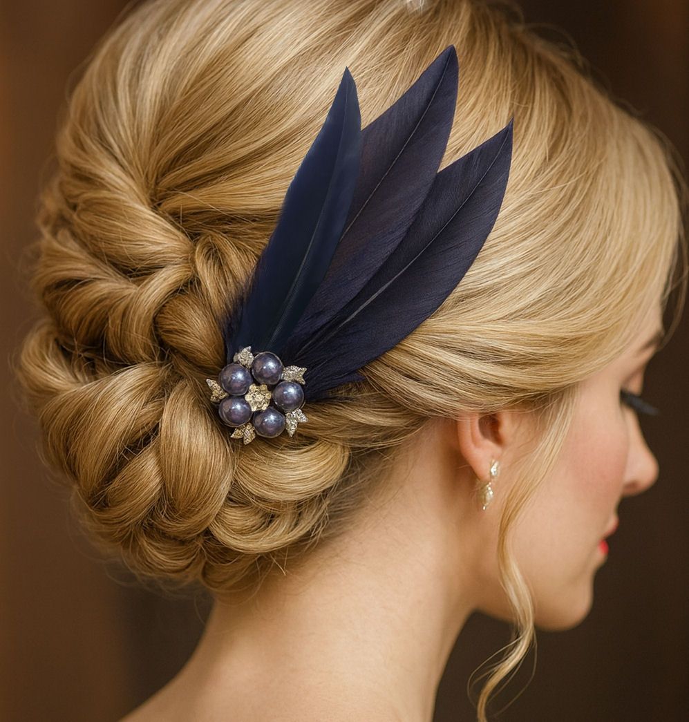 Navy Blue Feather Hair Clip, Pointed