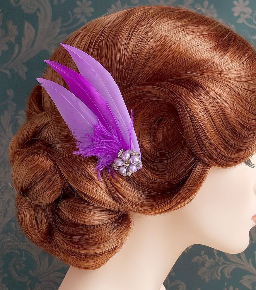 Purple and Lilac Feather Hair Clip, Pointed