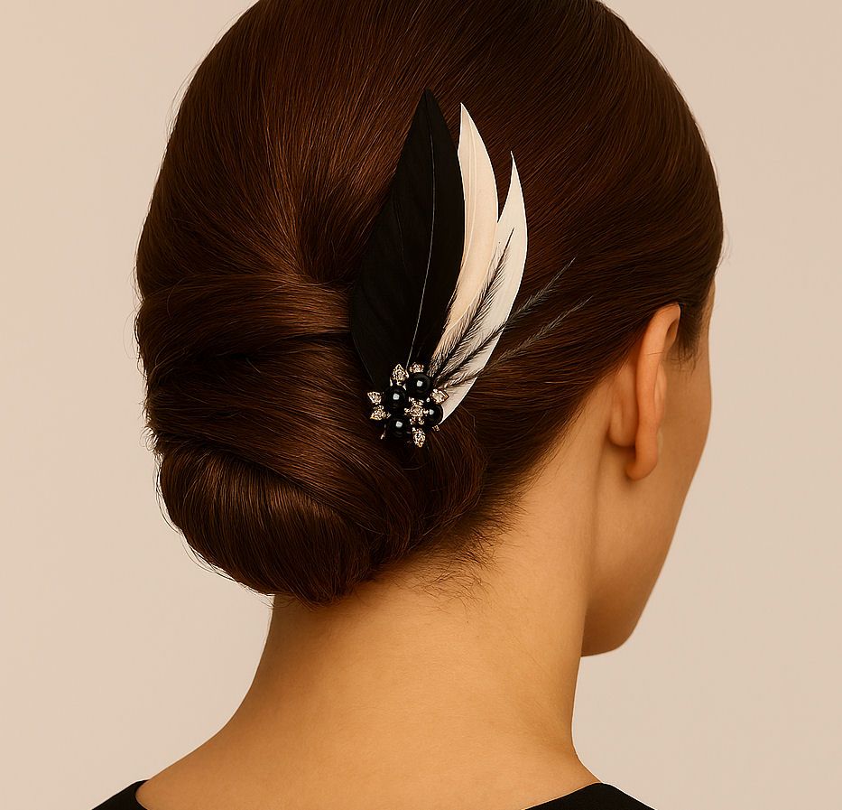 Black, White & Blush Feather Hair Clip