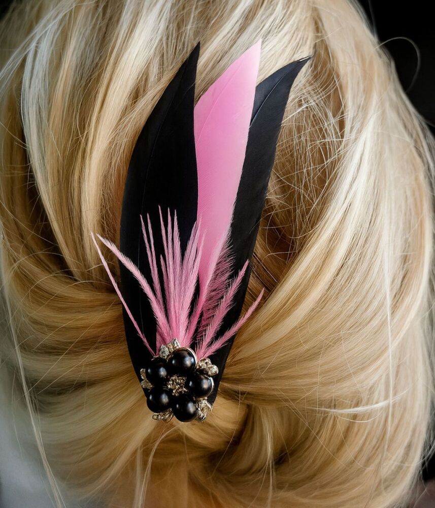 Hot Pink and Black Feather Hair Clip, Pointed