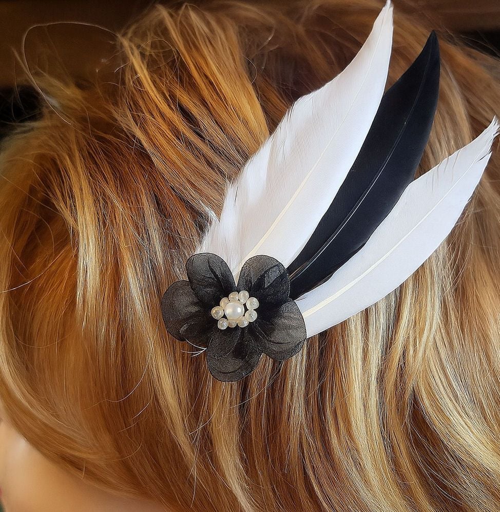 Black and White Feather Hair Clip with Flower and Pearl Embellishment
