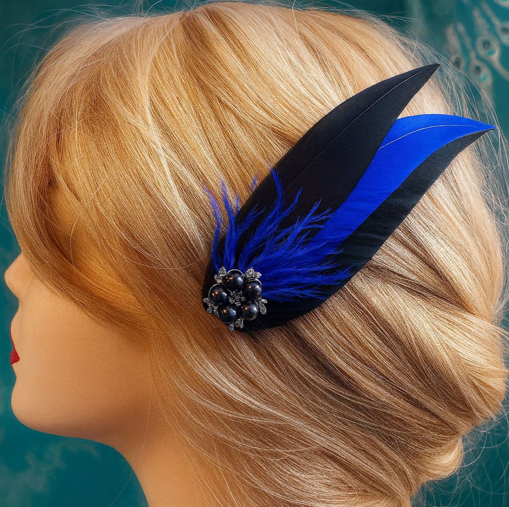 Black and Royal Blue Feather Hair Clip, Pointed