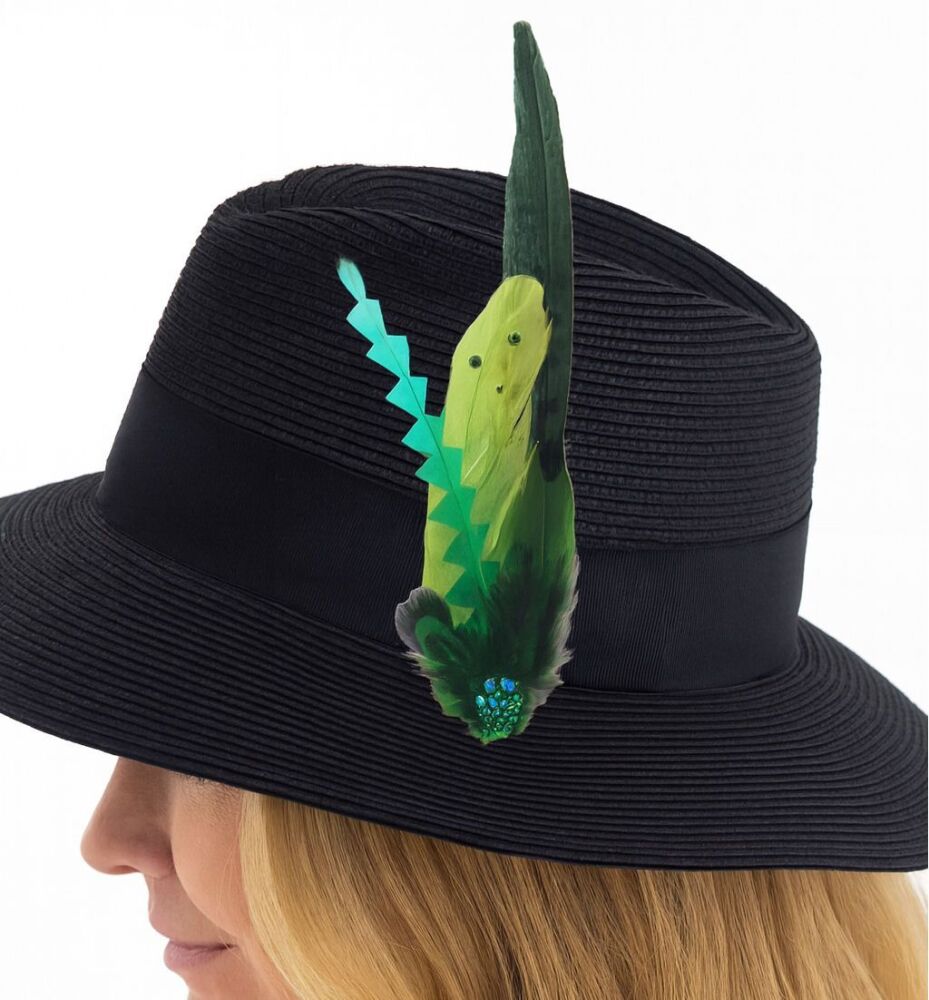 Green Feather Buttonhole or Hat Clip &ndash; Sparking Detail, 18cm