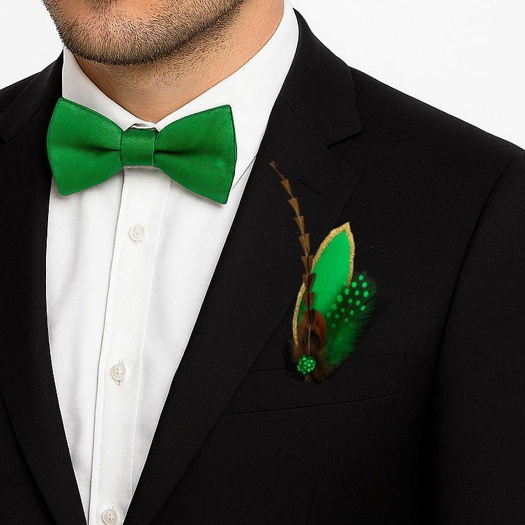 Green and Gold Feather Buttonhole or Hat Clip &ndash; Sparking Detail, 12cm