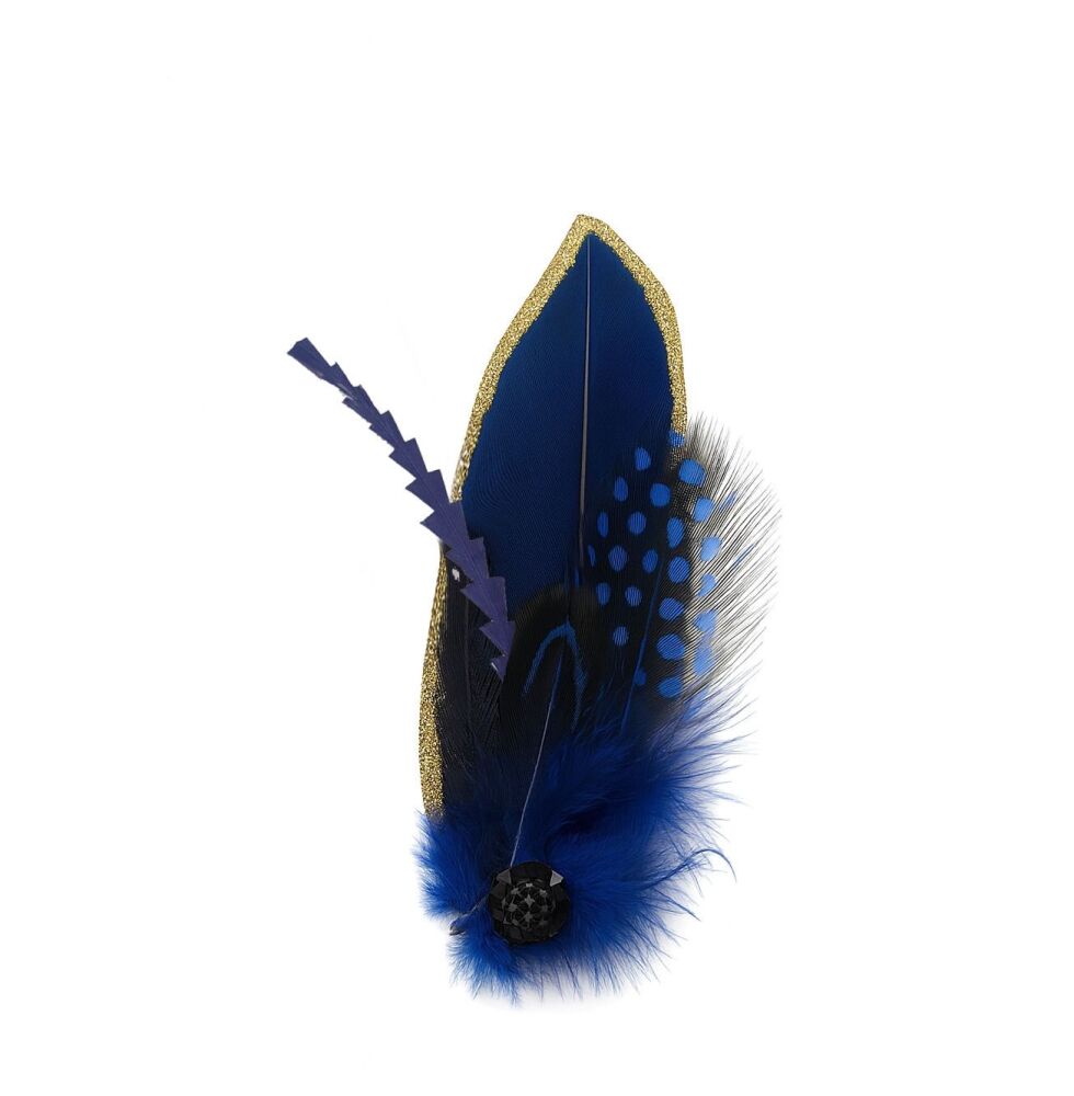 Blue & Gold Feather Hat Clip with Black Gem Accent, Buttonhole or Hat Clip, 12cm