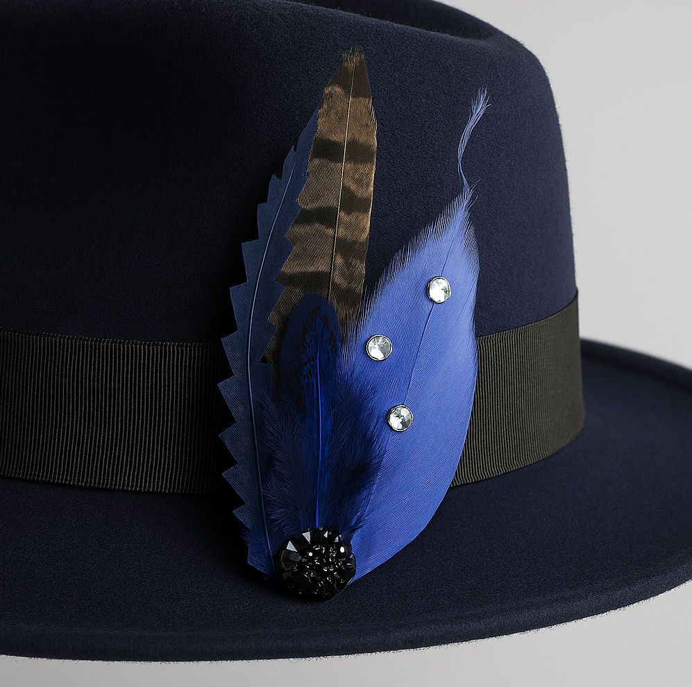 Blue Themed Feather Hat Clip with Black Gem Accent, Buttonhole or Hat Clip, 12cm
