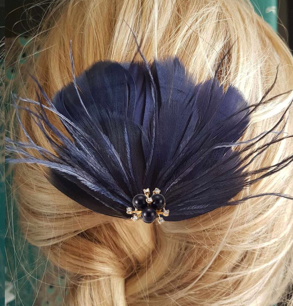 Navy Blue Feather Hair Clip with Ostrich Hurl and Pearl, Diamante Gem