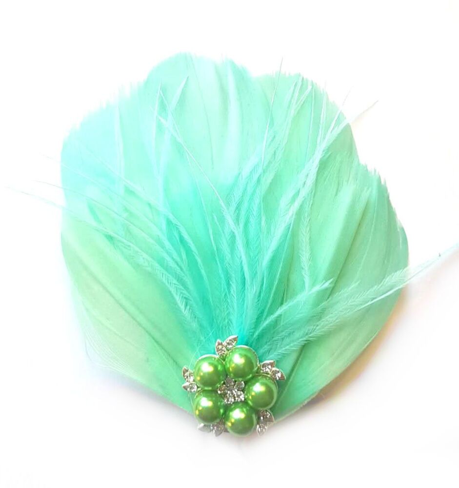Mint Green Feather Hair Clip with Ostrich Hurl and Pearl, Diamante Gem