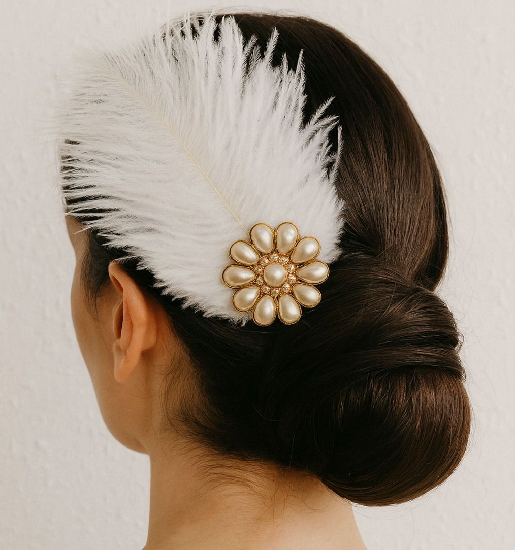 Bridal White Ostrich Feather Hair Clip with Pearl Brooch