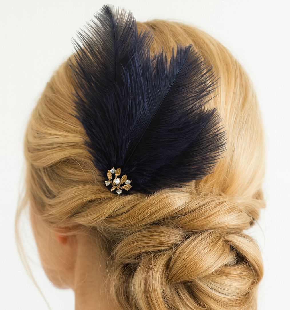 Navy Blue Ostrich Feather Hair Clip with Antique Gold & Pearl Brooch