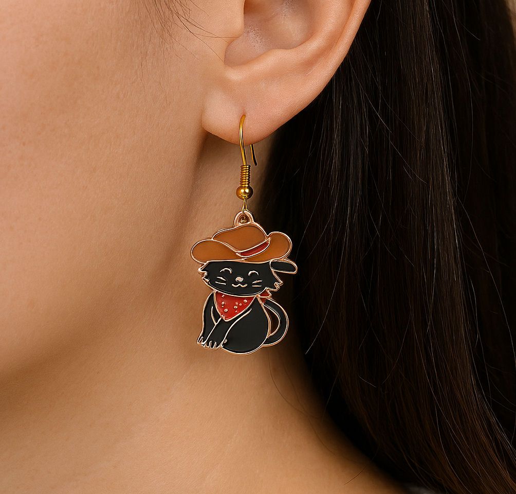 Black Cat Cowboy Earrings &ndash; Playful Western Charm