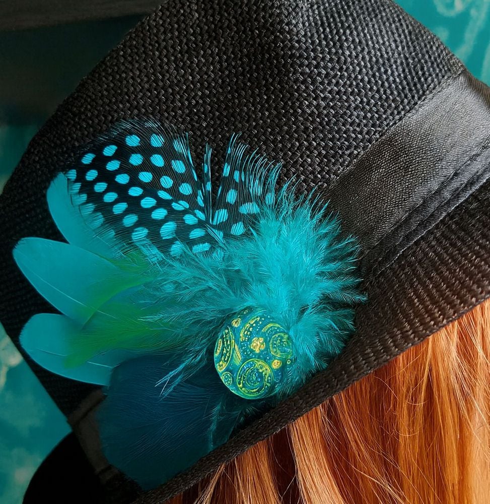 Aqua Blue and Teal Feather Hair Clip, Buttonhole, Hat Brooch, Lapel Pin