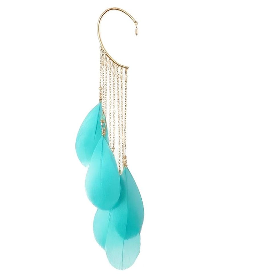 Turquoise Blue and Gold Cuff Feather Ear Single Piece (for non pierced ears)
