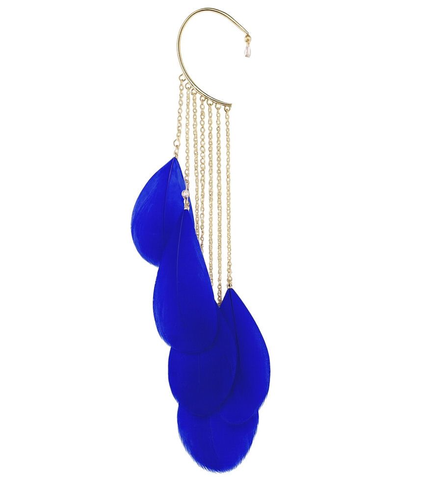 Royal Blue and Gold Cuff Feather Ear Single Piece (for non pierced ears)