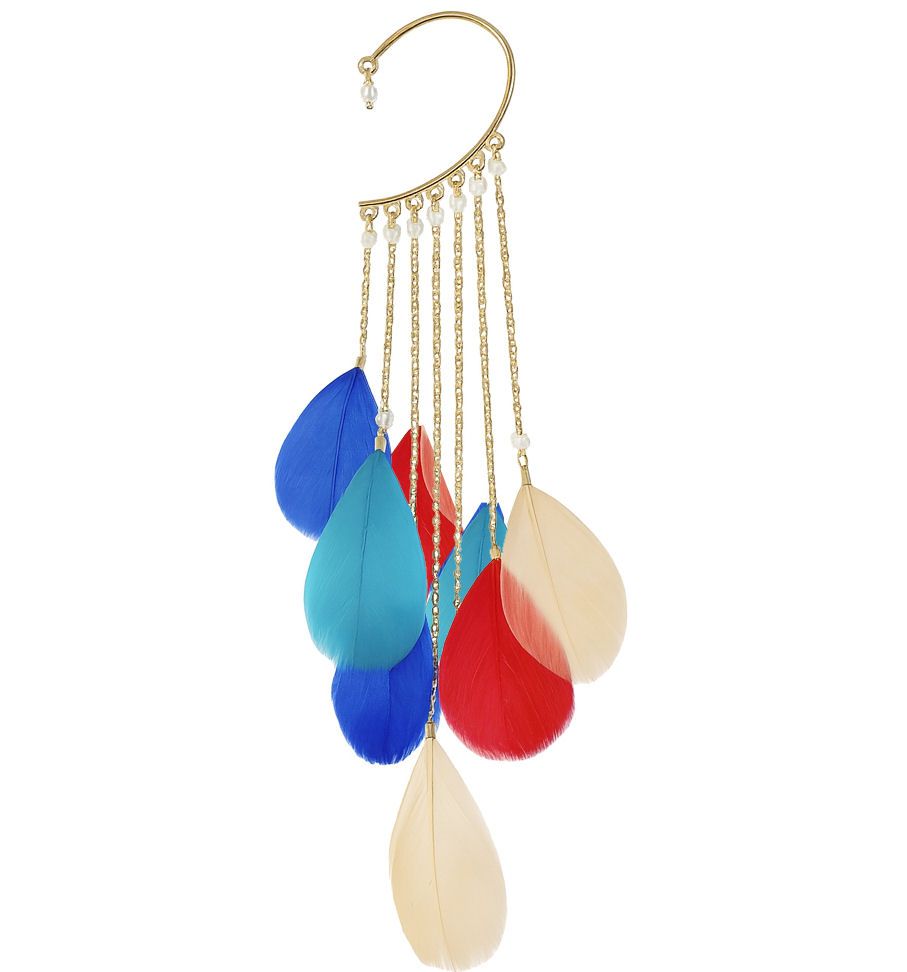 Multicolour Feather Ear Cuff &ndash; Red, Beige, Teal & Royal Blue Cuff Feather Ear Single Piece (for non pierced ears)
