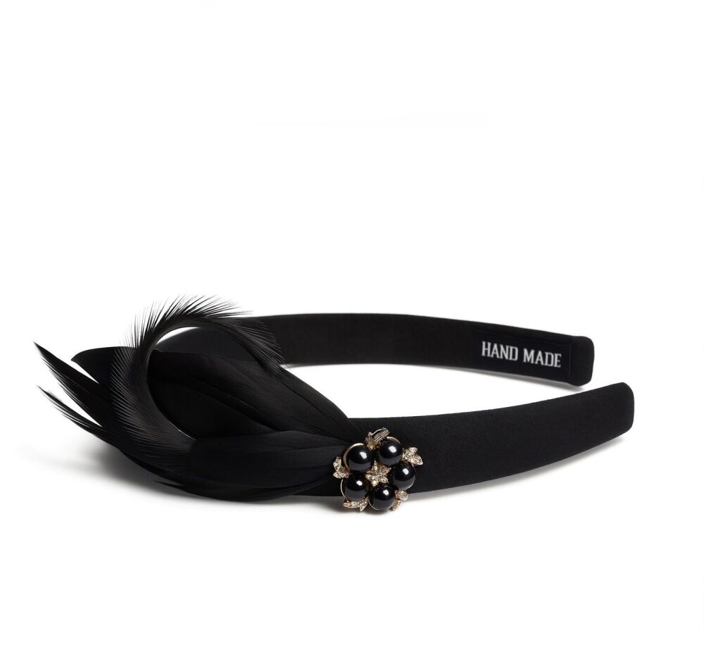 Black Feather Headband with Pearl, Diamante Embellishment