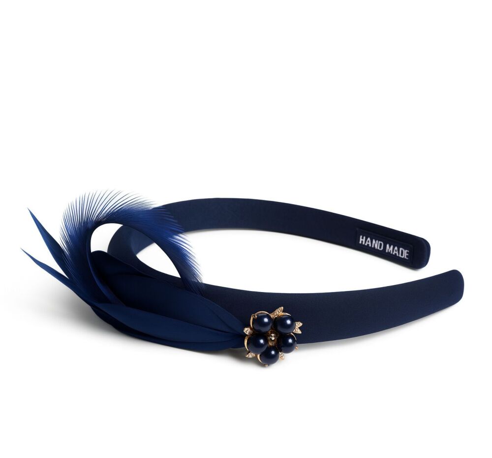Navy Blue and Black Feather Headband with Pearl, Diamante Embellishment