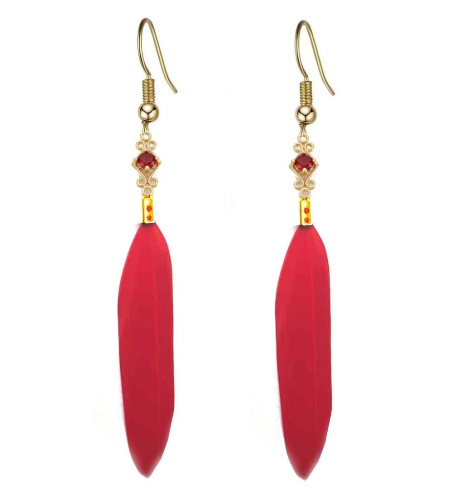 Red Feather Earrings with Gold Decorative Charm