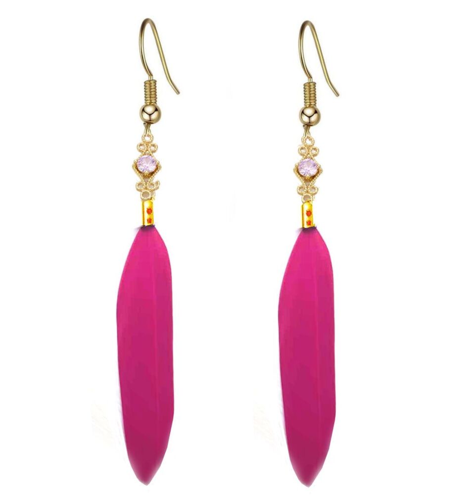 Shocking Pink Feather Earrings with Gold Decorative Charm