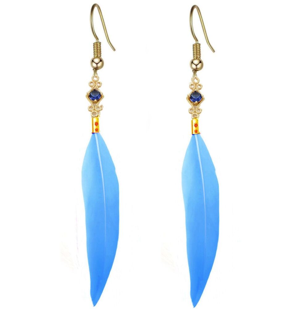 Light Blue Feather Earrings with Gold Decorative Charm