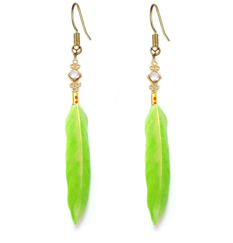 Lime Green Feather Earrings with Gold Decorative Charm