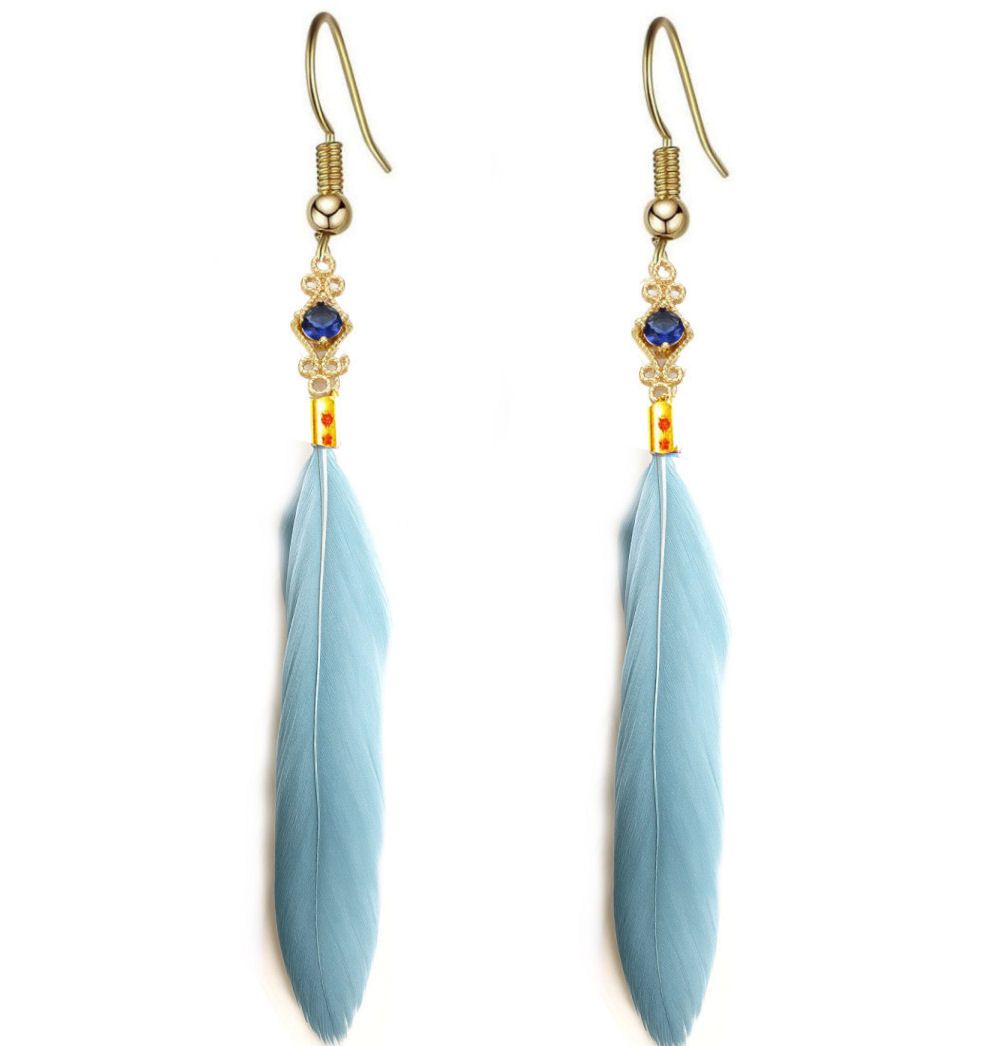 Dusky Blue Feather Earrings with Gold Decorative Charm