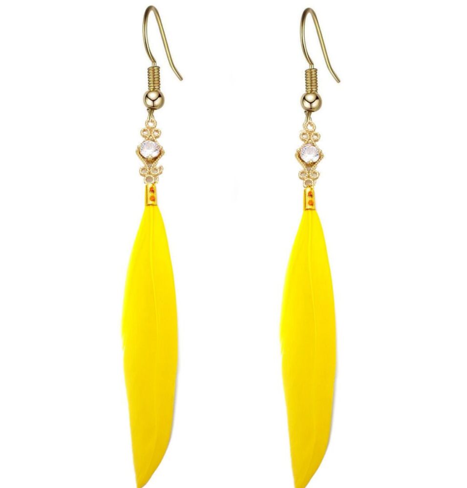 Yellow Feather Earrings with Gold Decorative Charm