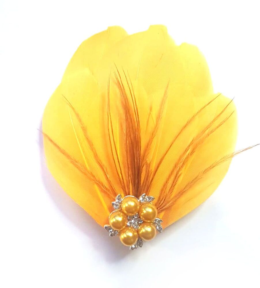 Golden Yellow Feather Hair Clip with Ostrich Hurl and Pearl, Diamante Gem