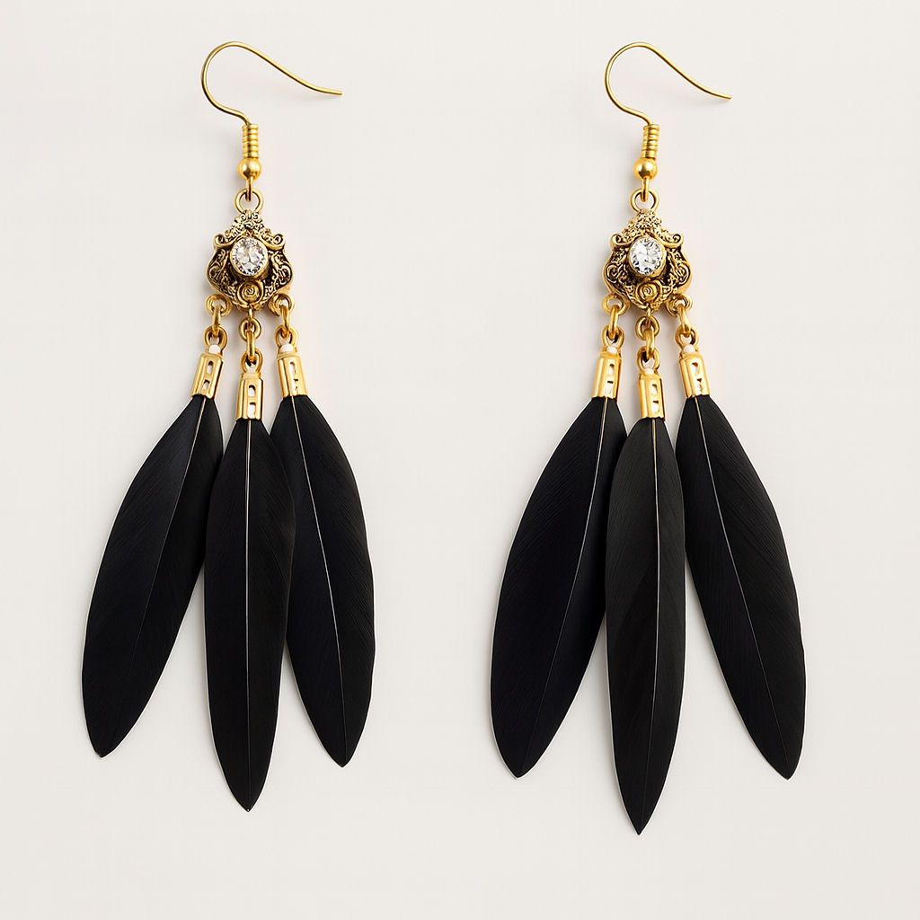 Black Feather Earrings with Gold Filigree