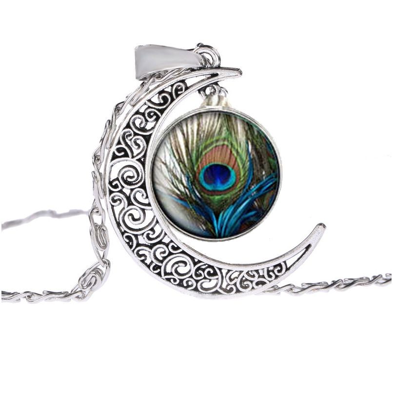 Peacock Feather Glass Dome Pendant & Silver Moon Necklace