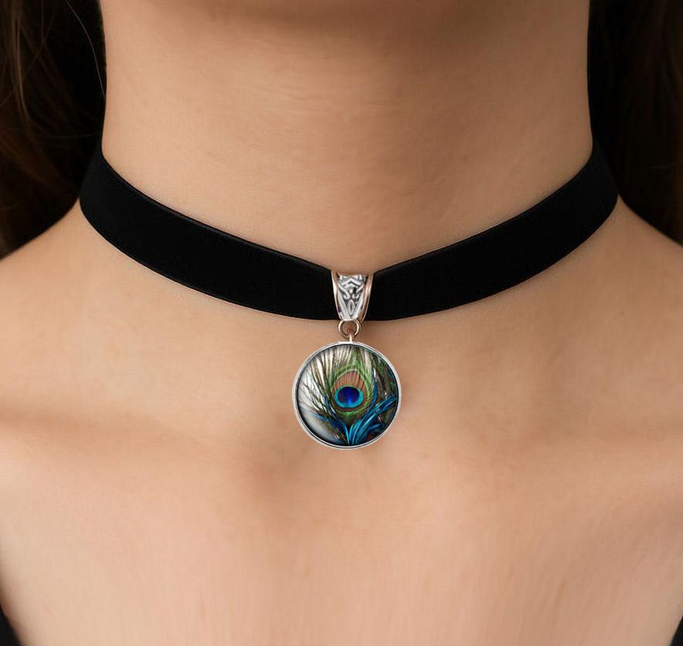 Black Velvet Choker with Peacock Eye Glass Dome Pendant