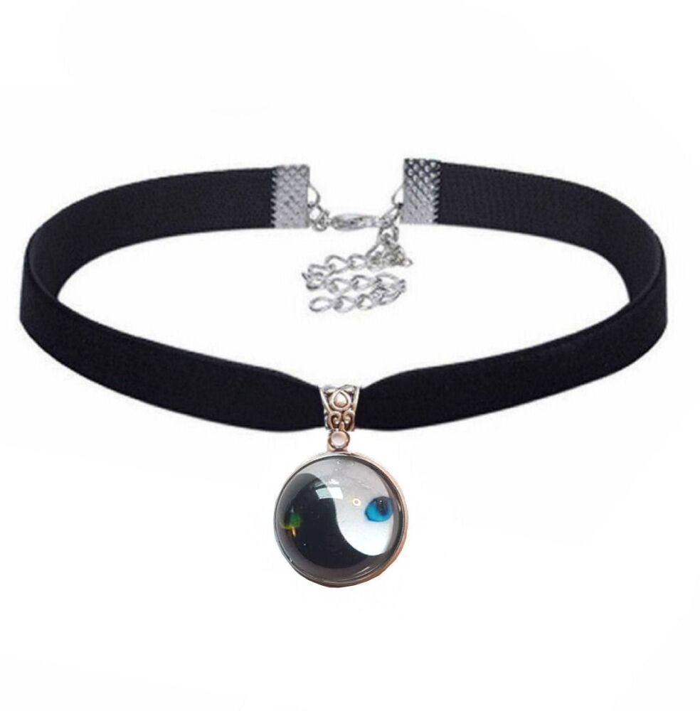 Cat Eye Yin Yang Namaste Glass Dome Pendant on Black Velvet Choker