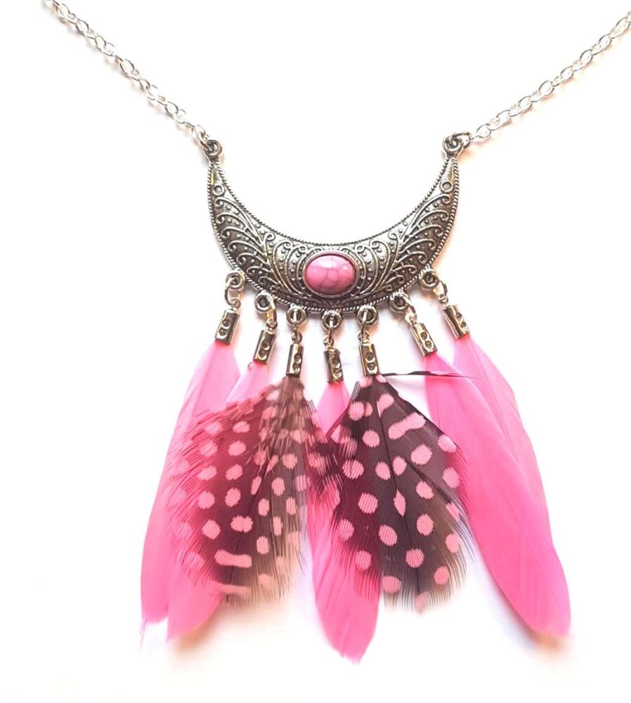 Chandelier Silver Necklace with Pink Goose Feathers & Spotty Guinea Feathers