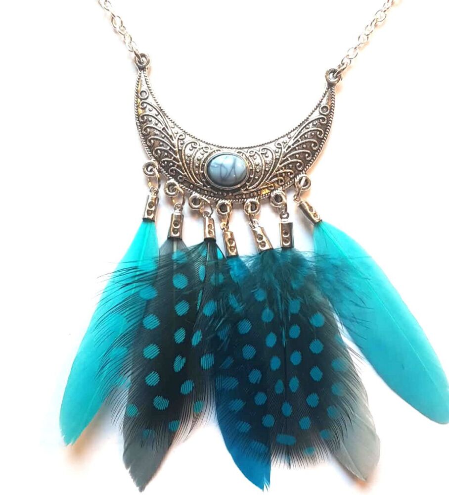 Chandelier Silver Necklace with Aqua and Dusky Blue Goose Feathers & Spotty Guinea Feathers