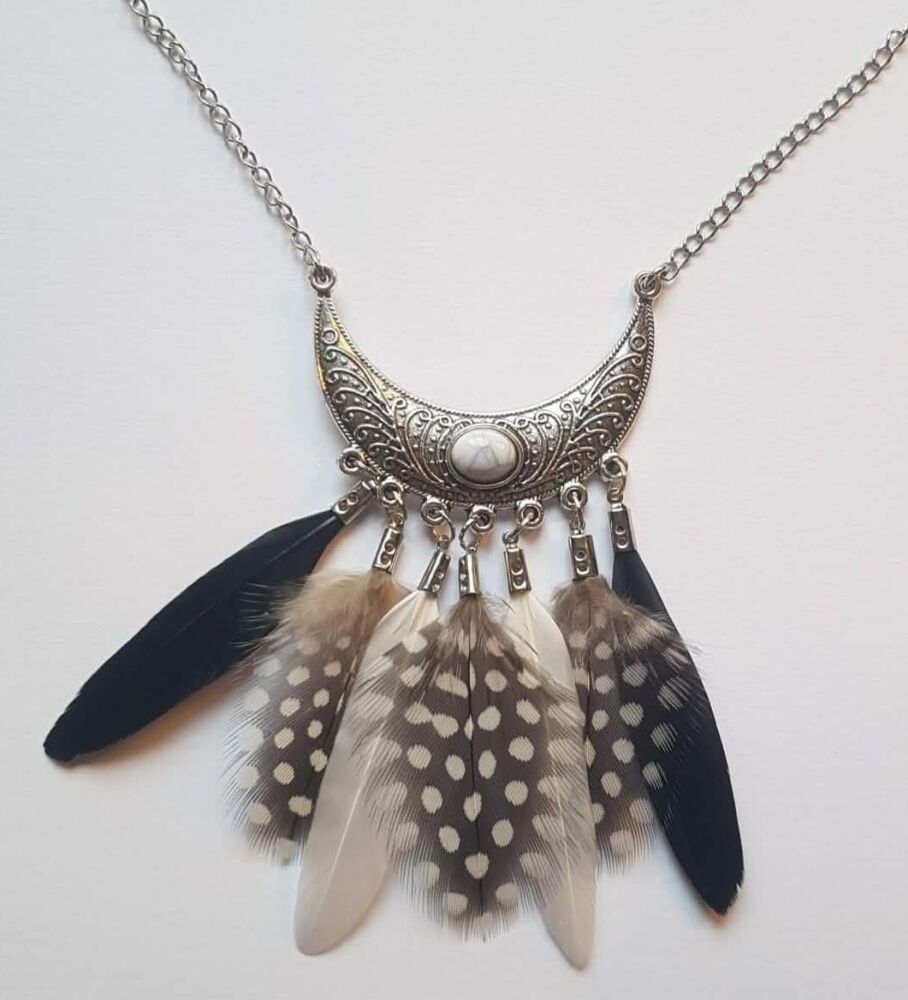 Chandelier Silver Necklace with Black and White Goose Feathers & Spotty Guinea Feathers