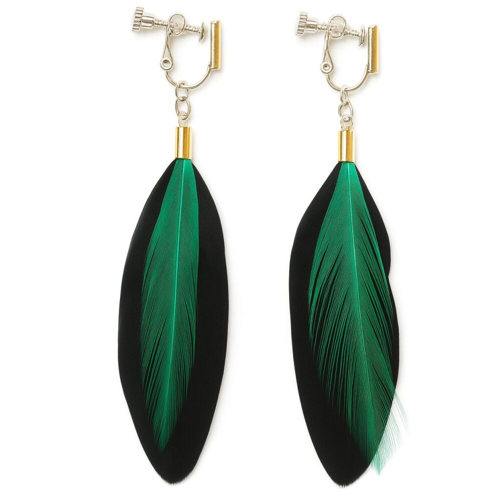Black Feather Earrings with Teal Green Hackle Feathers (Clip on/Screw On)