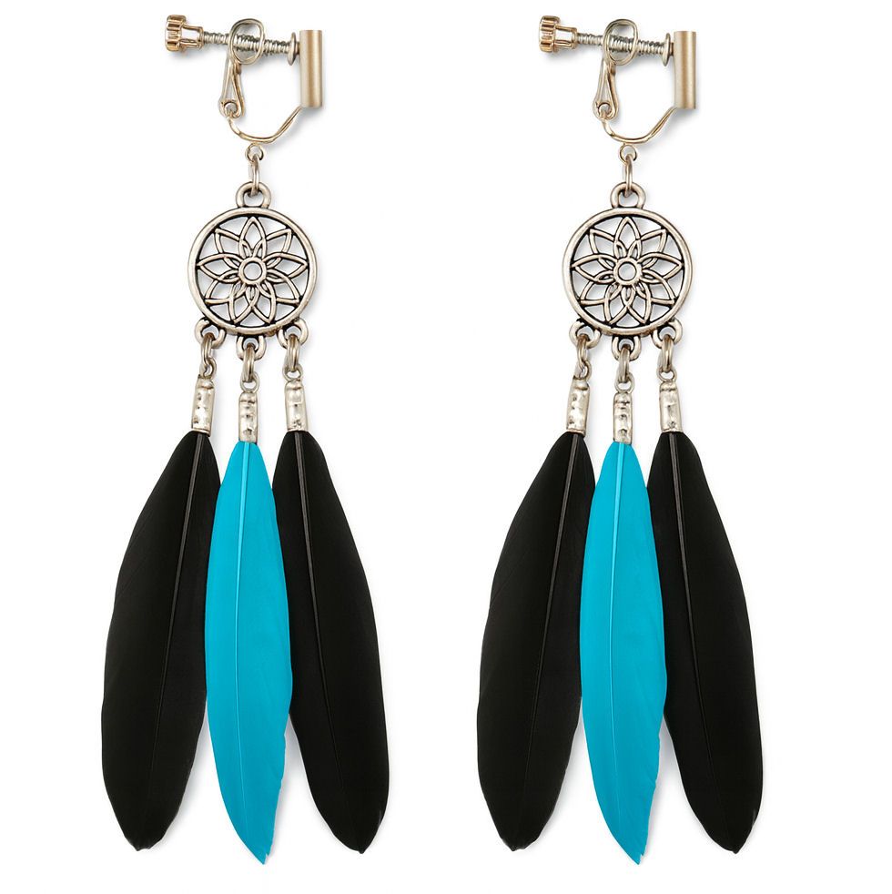 Black and Aqua Blue Feather Earrings (Clip on/Screw on)