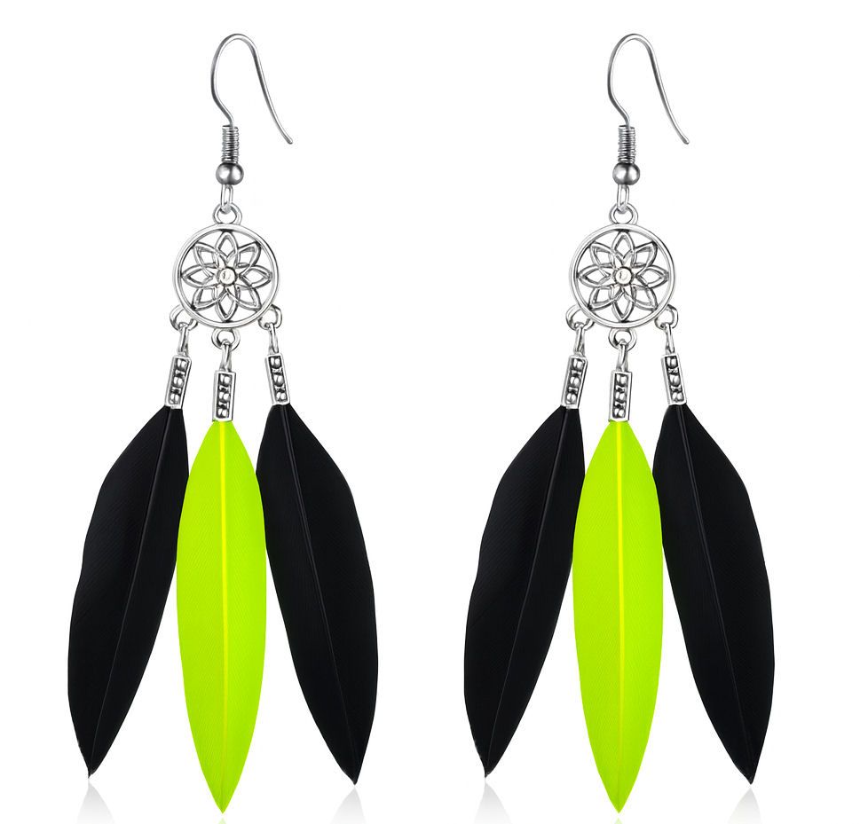 Black and Lime Green Feather Dangle Earrings, Chandelier Design with Three Sleek Feathers