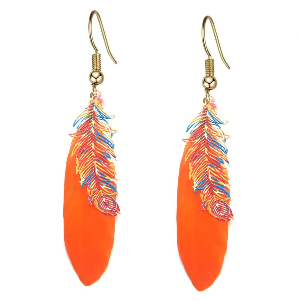 Orange Feather Earrings with Gold Hooks & Etched Metal Feather Embellishments