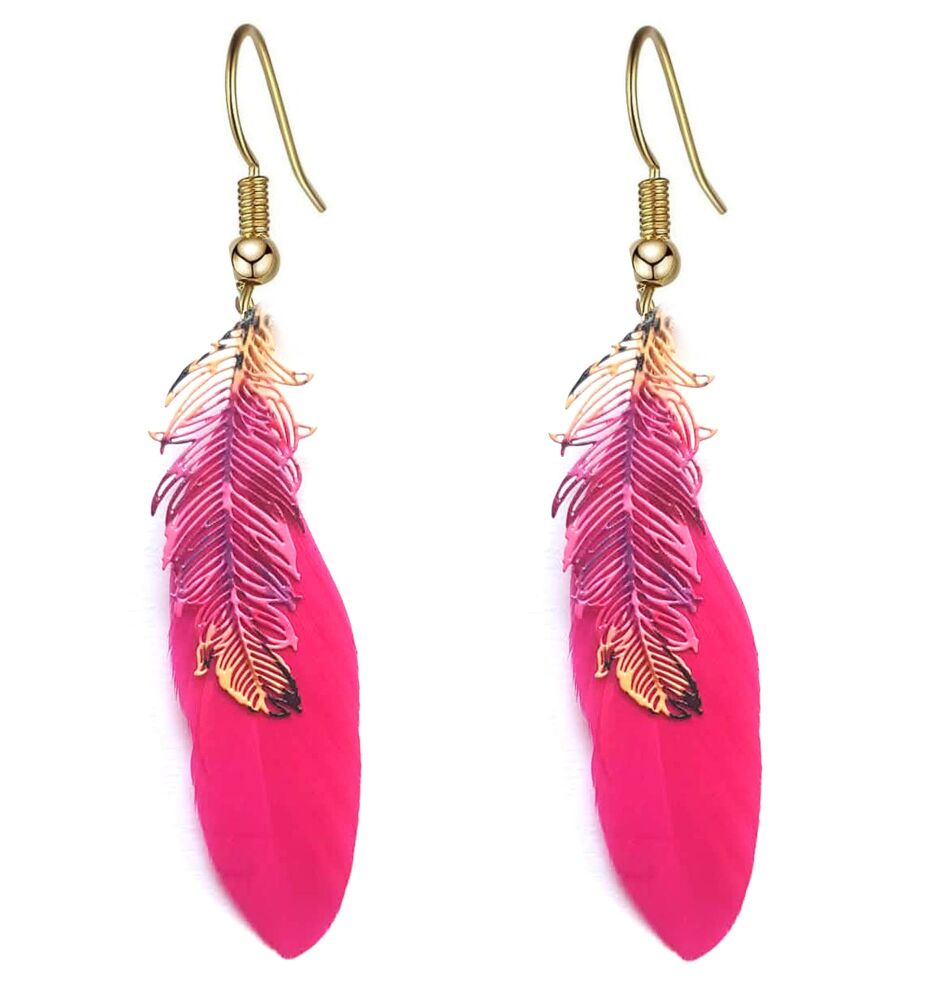 Shocking Pink Feather Earrings with Gold Hooks & Etched Metal Feather Embellishments