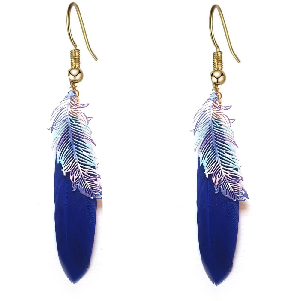 Royal Blue Feather Earrings with Gold Hooks & Etched Metal Feather Embellishments