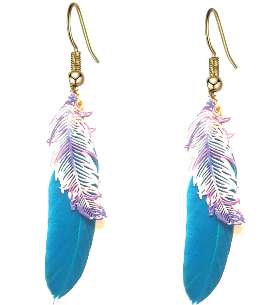 Aqua Blue Feather Earrings with Gold Hooks & Etched Metal Feather Embellishments