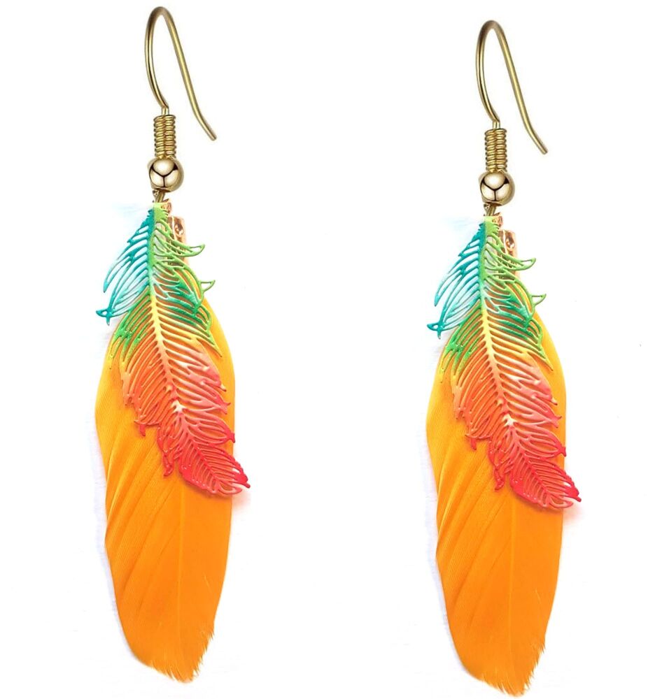 Golden Yellow Feather Earrings with Gold Hooks & Etched Metal Feather Embellishments