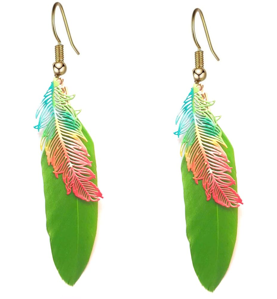 Green Feather Earrings with Gold Hooks & Etched Metal Feather Embellishments