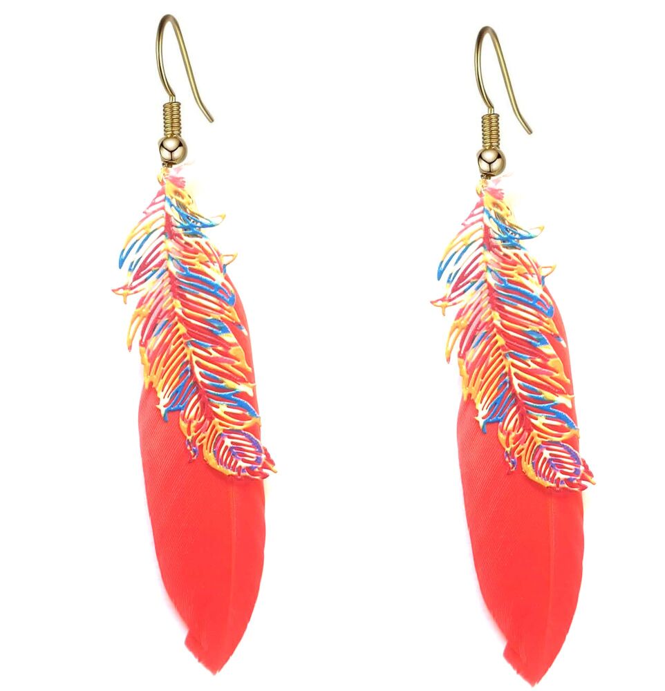 Coral Feather Earrings with Gold Hooks & Etched Metal Feather Embellishments