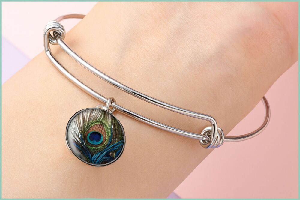 Peacock Eye Feather Glass Dome Cabochon on Adjustable Silver Bangle