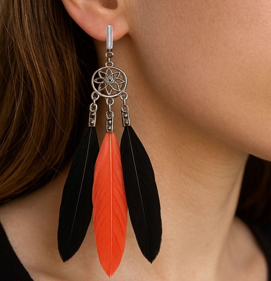 Black and Coral Feather Earrings (Clip on/Screw on)