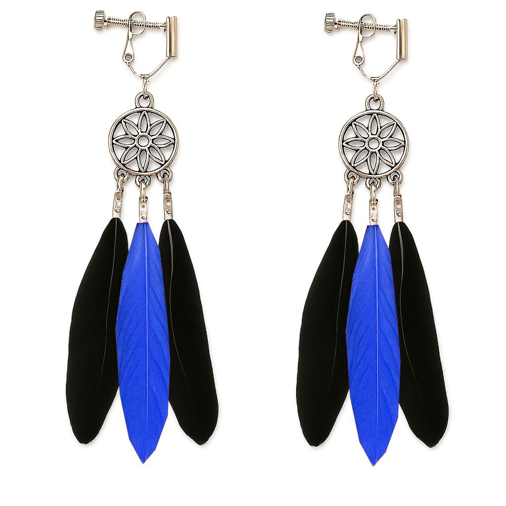 Black and Royal Blue Feather Earrings (Clip on/Screw on)