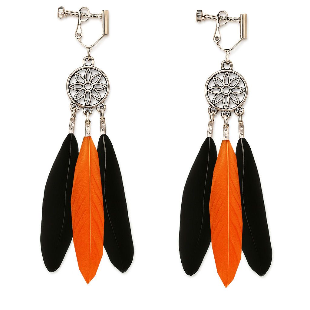 Black and Orange Feather Earrings (Clip on/Screw on)