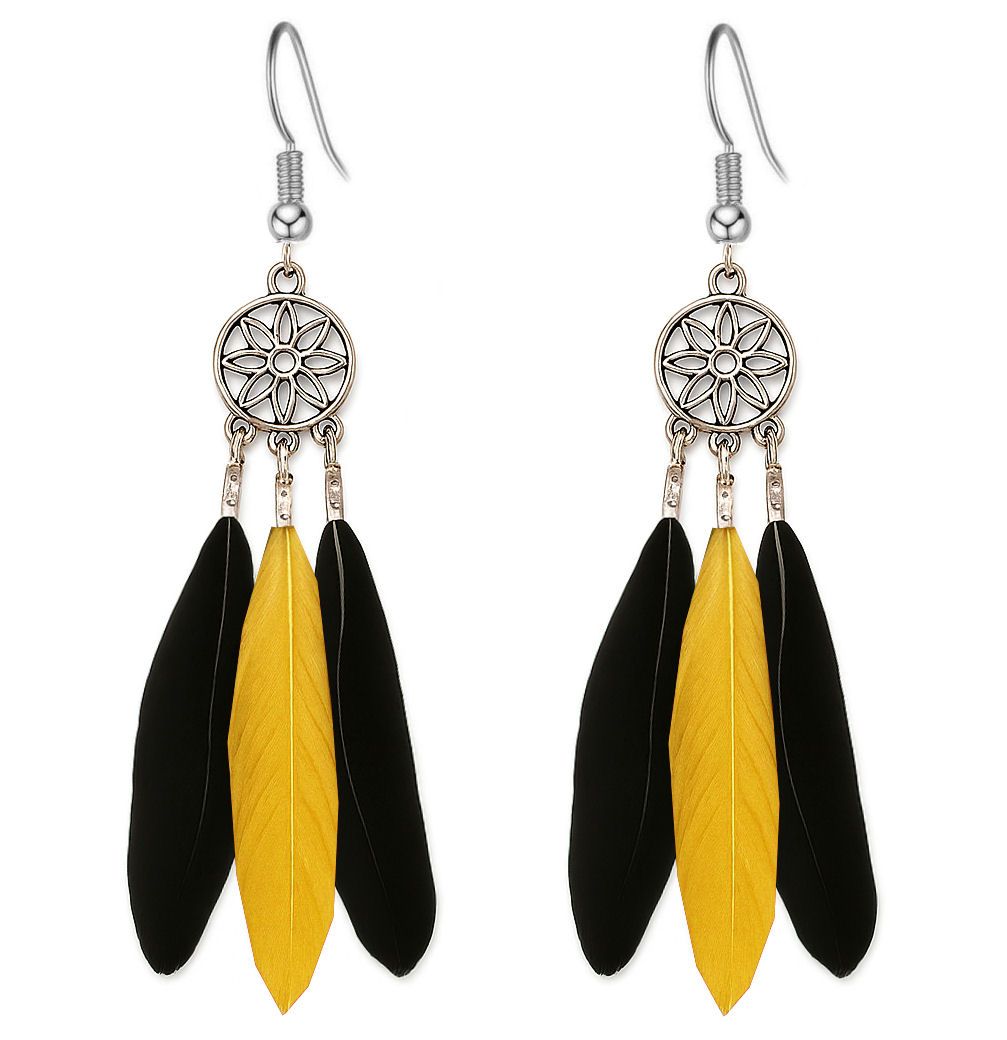 Black and Golden Yellow Feather Dangle Earrings, Chandelier Design with Three Sleek Feathers